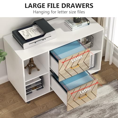 Tribesigns 2 Drawer File Cabinet, Large Mobile Lateral Filing Cabinet for Letter Size, Printer Stand with Storage Shelves and Rolling Wheels for Home Office (White) 5