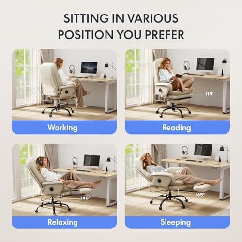FLEXISPOT Luno 2-in-1 Chaise Lounge Chair Indoor with Wheels Footrest 90-165° Reclining Lumbar Support, Home Office Chairs for Living Room Bedroom Study Working Relaxing, Leather, Beige White 8