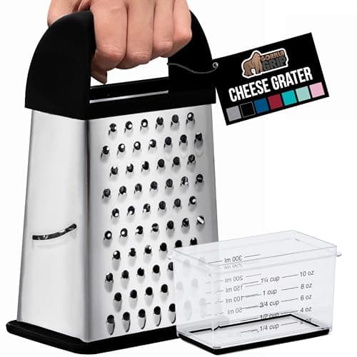 GORILLA GRIP 4-Sided Stainless Steel Cheese Grater With Container, 100% BPA-Free Box Grater, Slip Resistant Base and Handle, Grate Parmesan, Hard Cheeses, Shred Vegetables, Dishwasher Safe, Black