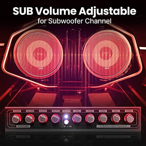 PyleUsa 5 Band Graphic Equalizer with Bluetooth, Adjustable SUB Volume for Subwoofer Channel, Low Pass Filter, Front Rear Fader, HiFi Car Audio EQ with RCA Inputs Outputs 6