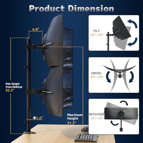 Heavy Duty Dual Monitor-Arm for 17-49'' - Double Vertically Stacked Monitor Mount, Extra Tall Ultrawide Desk Stand Holds up to 44 lbs per Screen, Vesa 75/100, Black 6