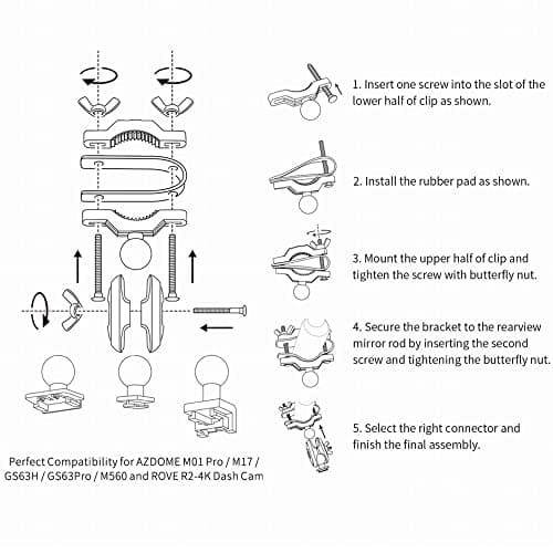Dash Camera Mirror Mount Holder Kit, Dash Cam Mount for AZDOME M01 Pro, M01 Max, GS63H, GS63H Pro, GS63Pro Car Camera 5