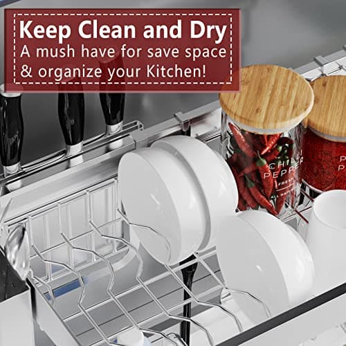 VNKZI Over Sink Dish Drying Rack, 2 Tier Full Stainless Steel Storage Adjustable Length (25.98'' to 36.61'') Kitchen Rack, Multifunctional Expandable Counter Organizer, Space Saver Dish Rack 5
