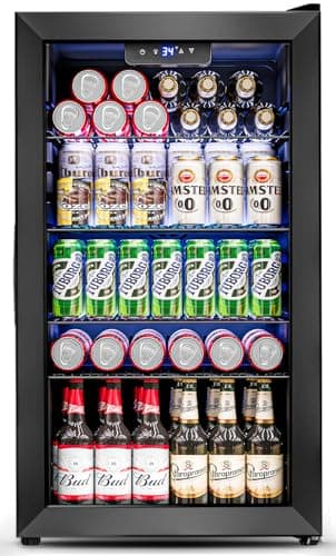 Feelfunn 3.2 Cu.Ft Mini Fridge with Glass Door - 126 Can Beverage Refrigerator Cooler for Drink Beer Wine Soda, Small Fridge for Bedroom Office Bar Dorm, 4 Adjustable Shelves, Black