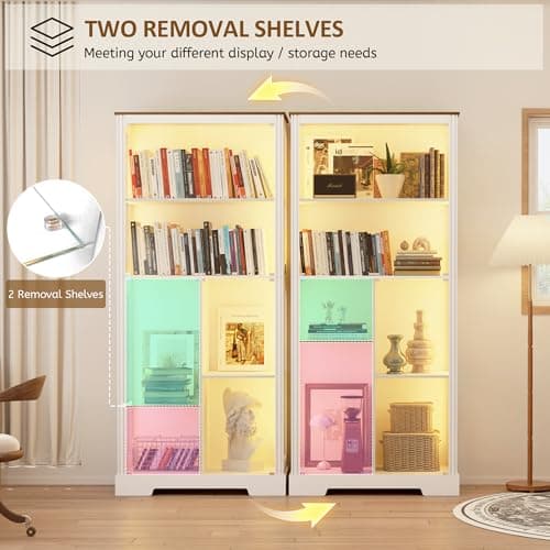 Lvifur 71” Display Cabinet with Glass Doors, Modern Curio Cabinet with 3 Color Lights, 7-Tiers Glass Display Cases for Collectibles, Tall Lego Storage Cabinet with Human Body Sensor (White) 9