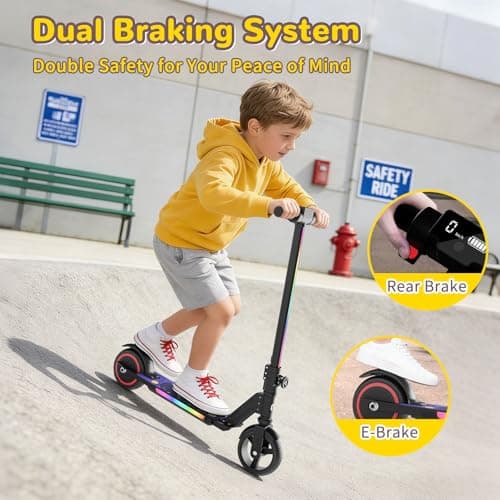 SIMATE Electric Scooter for Kids, Motorized E-Scooters with Colorful Front Light and Pedal Lights, LED Display & Foldable, Dual Braking System, Top 8.7mph & 5 Miles, Gifts for Kids, Girls, Boys, Teens 5