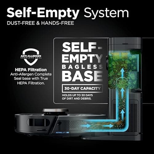 Shark PowerDetect Self-Empty Robot Vacuum with NeverStuck Technology, Auto Deep-Clean Carpets & Hardfloors, 30 Day Capacity HEPA Bagless Base, for Pet Hair, WiFi Black, AV2820S 8