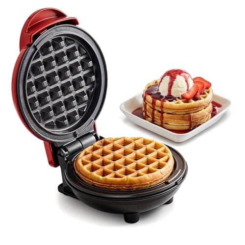 Elite Gourmet EWM015R# Electric Nonstick 4.5-inch Mini Waffle Maker, Belgian Waffles, Compact Design, Hash Browns, Keto, Snacks, Sandwich, Eggs, Easy to Clean, Red