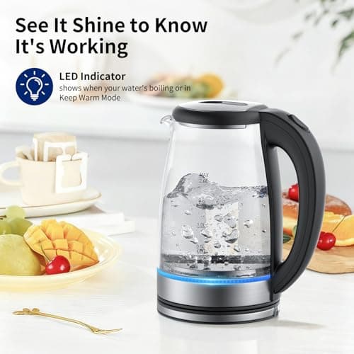 Electric Kettle Glass 2L, 1500W Fast Boiling Hot Water Boiler with Auto Shut-Off, LED Light, BPA-Free, Borosilicate Glass, Stainless Steel Interior, Wide Opening, Cordless Tea Kettle 5
