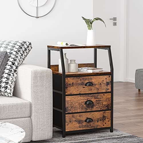 Furnulem Nightstand with 3 Drawers and 2-Tier Shelf, Fabric Small Dresser Organizer Vertical Storage Tower for Bedroom, Closet, Hallway, Nursery, End Table Side Furniture, Sturdy Steel Frame, Wood Top 5