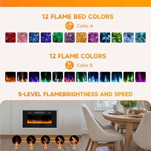 Ariiles 36 Inch Electric Fireplace Insert, Electric Fireplace Wall Mounted with Remote & Timer, Low Noise Heater Fireplaces for Living Room, Modern Recessed Fireplaces Decor 9