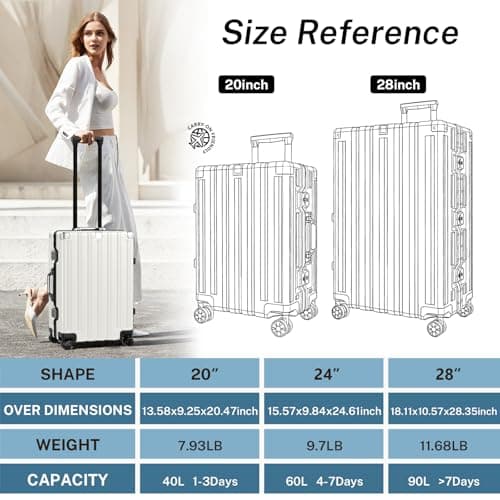 Krute Carry On Luggage 20 inch Aluminum Frame Luggage with Spinner Wheels Hardshell No Zipper PC+ABS TSA Lock Zipperless Suitcases 7