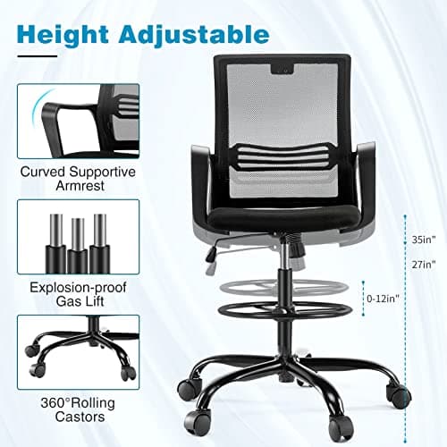 OLIXIS Drafting Chair, Tall Office Chair with Adjustable Foot Ring, Standing Desk Ergonomic Lumbar Support and Armrests, Swivel Rolling Breathable Mesh, Height Adjustable, Dark Black (9933-F-BK) 5