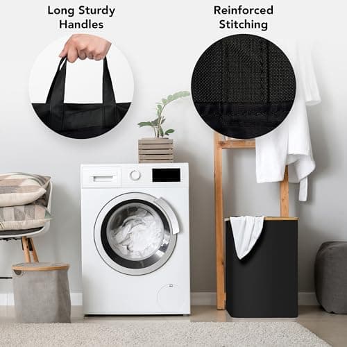 Luxe Laundry Clothing Hamper - 145L XL Laundry Basket with Bamboo Lid & Removable Inner Bag for Dirty Clothes - Free Standing, Tall, Collapsible, High-Capacity & Stylish Design Basket Bin, Black 5