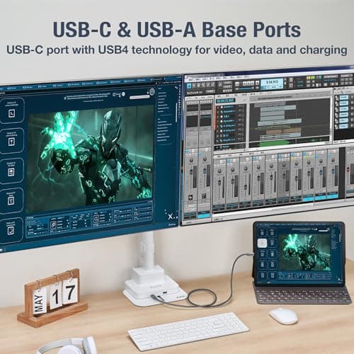 AVLT Dual 57 Inch Heavy Duty Stacking Monitor Arm Pole Top Mount With USB-C USB-A Ports-White, Height Adjustable, Easy Install Top C-Clamp/Grommet With Reinforcement Plates, VESA Compatible 200/100/75 5