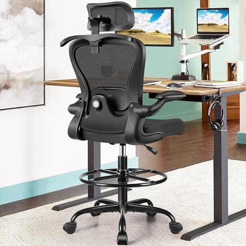 Drafting Chair, Tall Office Chair with 3D Lumbar & Head Support, Ergonomic Mesh Standing Desk Chair with Footring, Comfy Extended High Desk Chair with Flip-Up Arms & Hanger,Black
