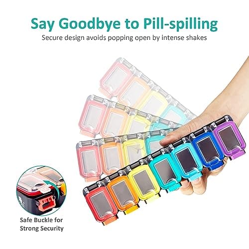 Fullicon Weekly Pill Organizer 7 Day Ultra Moisture and Spill Proof Daily Pill Box, Large Medicine Case with Secure Buckle, Compact Travel Pill Container for Pill, Vitamin, & Fish Oil (Rainbow Black) 7
