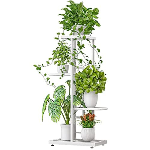 LINZINAR Plant Stand Indoor Outdoor Metal 4 Tier 5 Potted Multiple Flower Pot Holder Shelf Planter Display Shelving Unit for Patio Garden Corner Balcony Living Room (4 Tier 5 Potted, White)