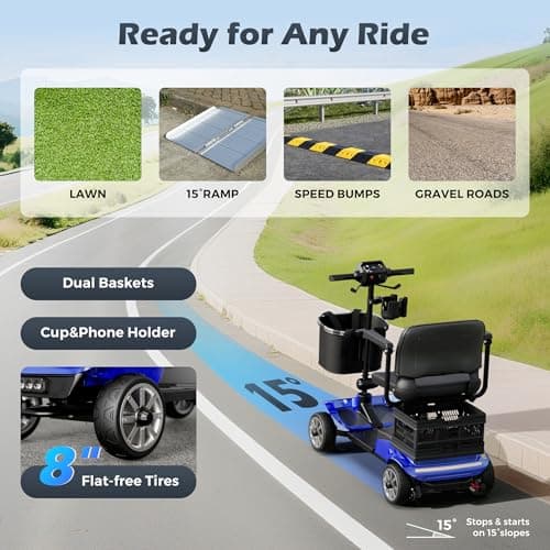 Foldable 4-Wheel Mobility Scooter for Adults – Portable Motorized Scooter with 330 lbs Capacity, Detachable Battery, Dual Baskets, Cup & Phone Holder, Blue 6