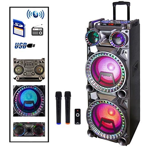 Befree Sound Dual 10 Inch Subwoofer Bluetooth Portable Party Speaker with Sound Reactive Party Lights, USB/SD Input, Rechargeable Battery, Remote Control and 2 Wireless Microphones