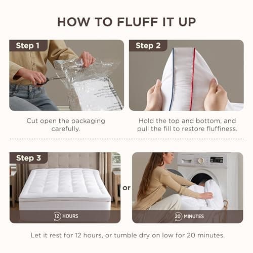 Bedsure Queen Mattress Topper - Extra Thick Mattress Pad Cover with Deep Pocket fits up to 21 Inches, Soft Pillow Top Bed Topper for Back Pain Relief, Overfilled with Down Alternative Filling, White 6