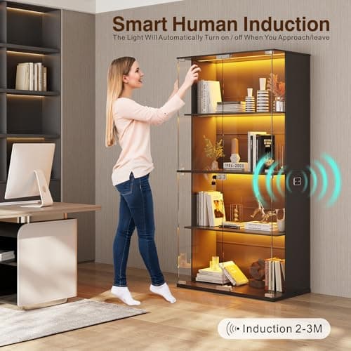 Lvifur Display Cabinet with Glass Doors, 66" Curio Cabinet with Lockable, 4-Tier Bookcase with 3 Color Lights for Collectibles, Storage Cabinets with Human Body for Books, Toys, Black 7