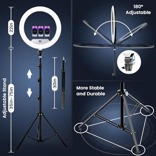 22in Large Ring Light with Stand,512pcs Bulbs Big Ring Light with 75" Tripod for iPhone/LED Display/4 Clips/2 USB Ports,2600K-6500K Dimmable Barber Light,for TikTok Video Recording Tattoo Lash Makeup 5