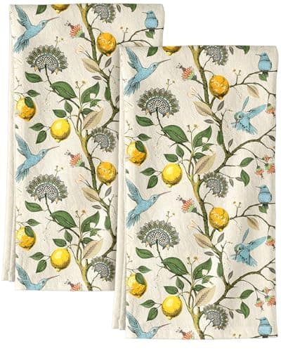 Miss Adola Flour Sack Kitchen Towels Set of 2-18x26 Cotton Dish Towels with Hanging Loop Reusable Tea Towel for Cleaning Spring Absorbent Dishcloths Cute Home Decor Housewarming, Lemon Birds