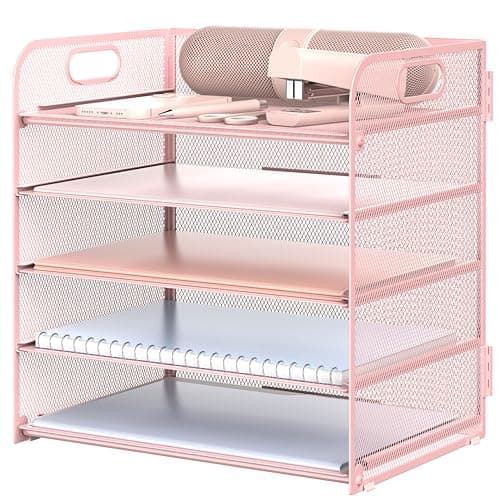 Sinboun Letter Tray Paper Organizer 5-Tier Desk Organizer File Organizer Paper Holder with Handle, Metal Desktop Document Shelf Tray Office Classroom Organization - Pink, PK5CENGTISHOU