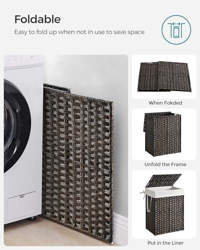 SONGMICS Laundry Hamper with Lid, 23.8 Gallon (90 L) Synthetic Rattan Clothes Laundry Basket with Lid and Handles, Foldable, Removable Liner, Chestnut Brown ULCB051K02 8