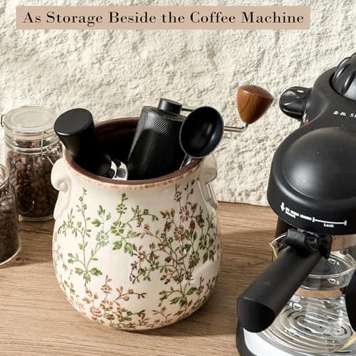 Jemirry Utensil Holder for Kitchen Counter, Modern Farmhouse Rustic Cooking Utensil Holder and Crock, Exquisite Chinoiserie Floral Ceramic Utensil Organizer for Home Kitchen Decor- Green and Beige 8