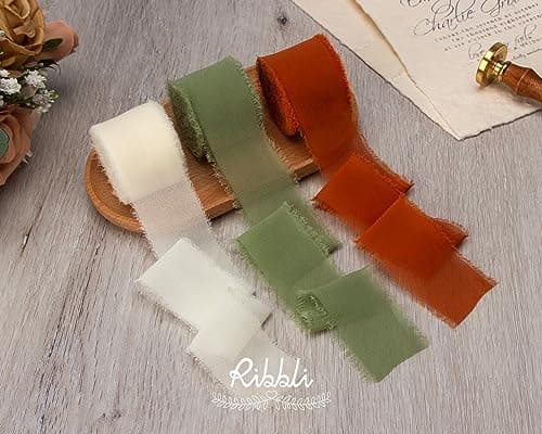Ribbli Fall Ribbon 1.5 inch x 30 Yard Handmade Silk, Ivory/Dusty Sage/Terracotta Fringe Chiffon Ribbon for Wedding Invitations, Bridal Bouquets Wrapping, Flower Arrangement Decoration 6