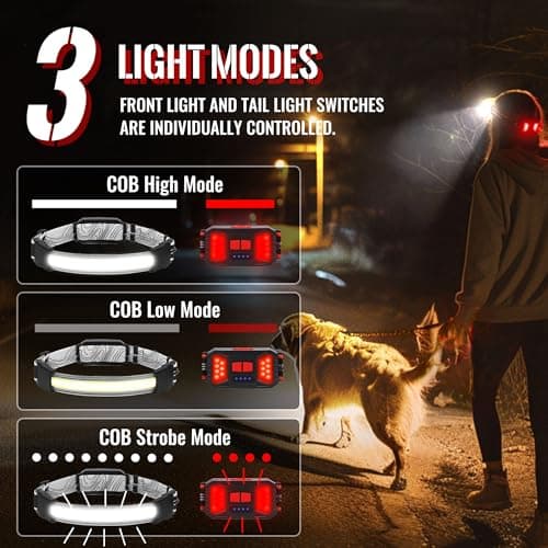 Adelante LED Headlamp Flashlight, 1000LM 230Wide-Beam USB Rechargeable Head Light with Taillight(Individual Control) & 8 Clips Waterproof Headlight Headlamps for Running and Camping (2 Pack, Black) 3