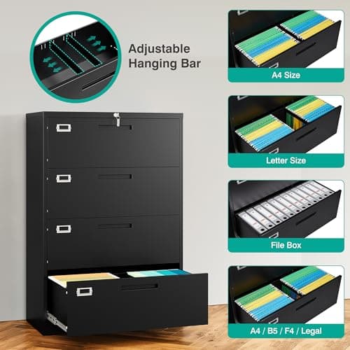 SISESOL 4 Drawer Lateral File Cabinet with Lock,Black Lateral Filing Cabinet,Horizontal Metal Filing Cabinet,Locked Wide Four Drawer File Cabinet for Office Home,Fit A4/F4/Letter/Legal File 6