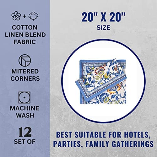 Fingercraft Cloth Napkins, Set of 12 Cotton Linen Blend Printed Dinner Napkins Cloth Mitered Corner Perfect for Parties Dinners Weddings Cocktail Christmas 20x20 Blue Floral 6