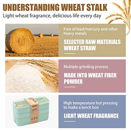 Rarapop 3 Pack Stackable Bento Box Adult Japanese Lunch Box Kit with Spoon & Fork, 3-In-1 Compartment Wheat Straw Meal Prep Containers (Green/Pink/Beige) 5