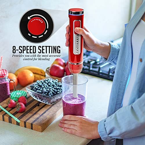 OVENTE Cordless Immersion Hand Blender, Rechargeable Handheld Portable Stick Mixer with 8 Mixing Speed Option, One-Touch Control and Stainless Steel Blades for Smoothies, Shakes or Soups, Red HR781R 5