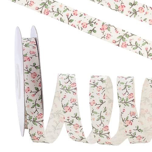 PH PandaHall 21.8 Yards Flower Printed Ribbon Pink Floral Ribbon 5/8 Inch Wide Flower Pattern Cotton Ribbons Vintage Decorative Ribbons for Gift Wrapping Bow Wreath Bouquet Sewing DIY Crafts