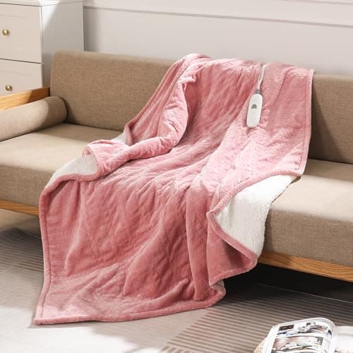 Electric Throw Blanket Heated Throw 50''x60''- Wheat Pattern Flannel & Sherpa Heated Lap Blanket with 5 Heat Settings & 4-Hour Auto Shut-Off, ETL & FCC Certified, Machine Washable Home Use, Pink 9