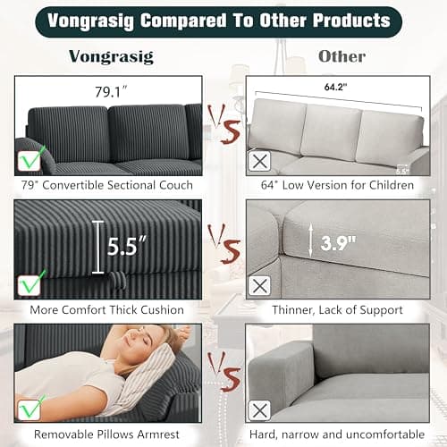 Vongrasig 79" Convertible Sectional Couches Sofa with Storage Ottoman, 3 Seat L Shaped Couch with Side Storage Pockage, Small Couches for Living Room, Apartment and Small Space, Grey 6