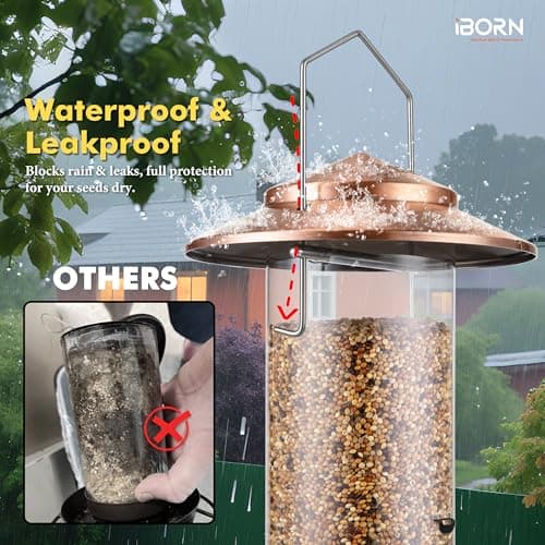 iBorn Bird Feeder Metal Squirrel Chew-Proof Bird Feeders for Outdoors Hanging Outside for Cardinal, Holds 1.5LB Seed with 3 Perchs, Brushed Copper (Seed is not Included) 8