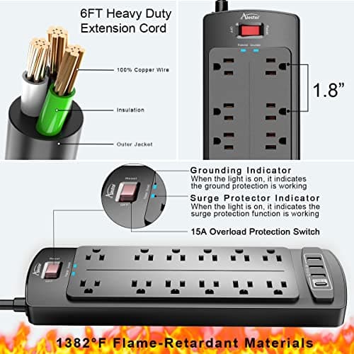 Power Strip, ALESTOR Surge Protector with 12 Outlets and 4 USB Ports, 6 Feet Extension Cord (1875W/15A), 2700 Joules, ETL Listed, Black 5