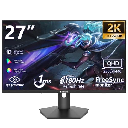 Sealan 27 inch Gaming Computer Monitor,QHD 2560x1440, 180Hz,1ms, Height Adjustable,FreeSync, sRGB 99% Color Gamut, HDR10,2X HDMI 2.0,2X Display Port,PC Monitor Support Wall Mount Install(75 * 75mm)