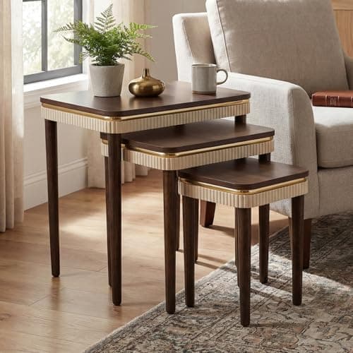 Hyfirm Walnut Side Table End Table Nesting Tables Set of 3, Retro Nesting Tables with Veneered Top & Gold Trim, Mid Century Modern Nesting Wood Coffee Tables for Living Room/Bedroom/Apartment