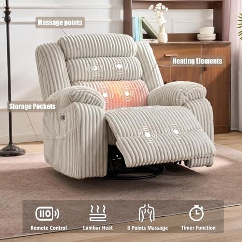 SINCRUMI Power Swivel Rocker Recliner Chair for Adults with Massage and Heat, USB and Type-C Charging Port, Infinite Position, Electric Glider Rocking Chairs for Living Room, Nursery, Pale Grey 7