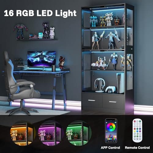 Lamtor Glass Display Cabinet with Doors - Curio Cabinet with Dynamic LED Lights for Collectibles, 67" Display Case with 4 Tier and Drawers for Figure, Toys, Books, Black 7