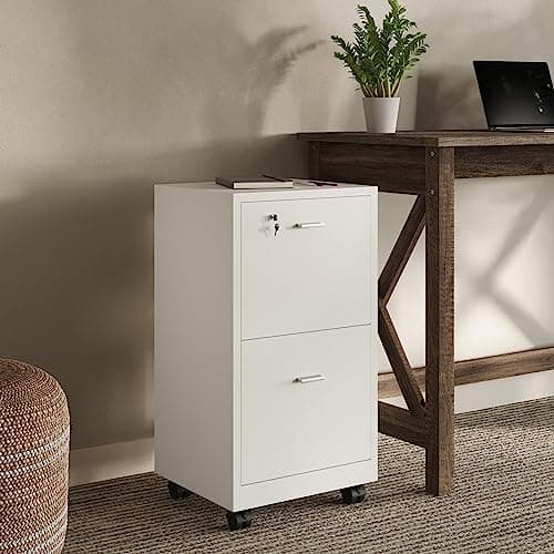 File Cabinet - 2-Drawer Cabinet with Lock and Deep Drawer Storage - Rolling Filing Cabinet for Under The Desk, Home, or Office by Lavish Home (White) 6