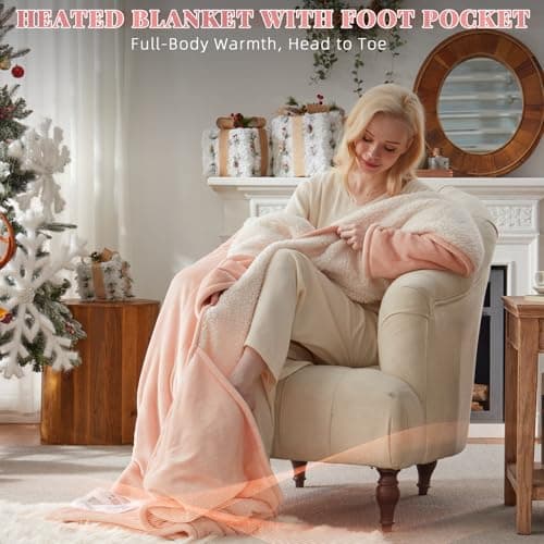 Richtry Electric Blanket Wearable with Foot Pockets & Sleeves, Electric Heated Snuggle Blanket, Flannel & Sherpa Heating Throw with 10 Heat Settings, 1-12 Hours Auto Shut-Off, 50"×70", Pink 6
