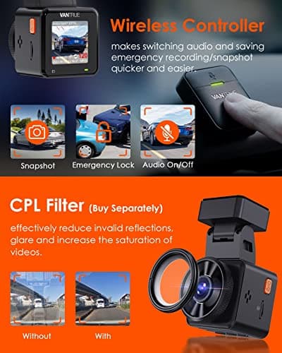 Vantrue E1 2.7K WiFi Mini Dash Cam, Voice Control Front Car Dash Camera with GPS&Speed, Super Night Vision, Wireless Controller&App, 24 Hours Parking Mode, Buffered Motion Detection, Support 512GB Max 8
