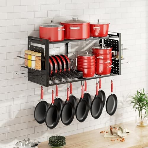 31 Inch Pot Rack Wall Mounted，3 in 1 Pots and Pans Organizer with 2 tier Kitchen Racks & Pot Lid Organizer Holder and 20 Hooks,Heavy Duty Hanging Pot Hanger for Kitchen Cookware, Utensils, Black 7